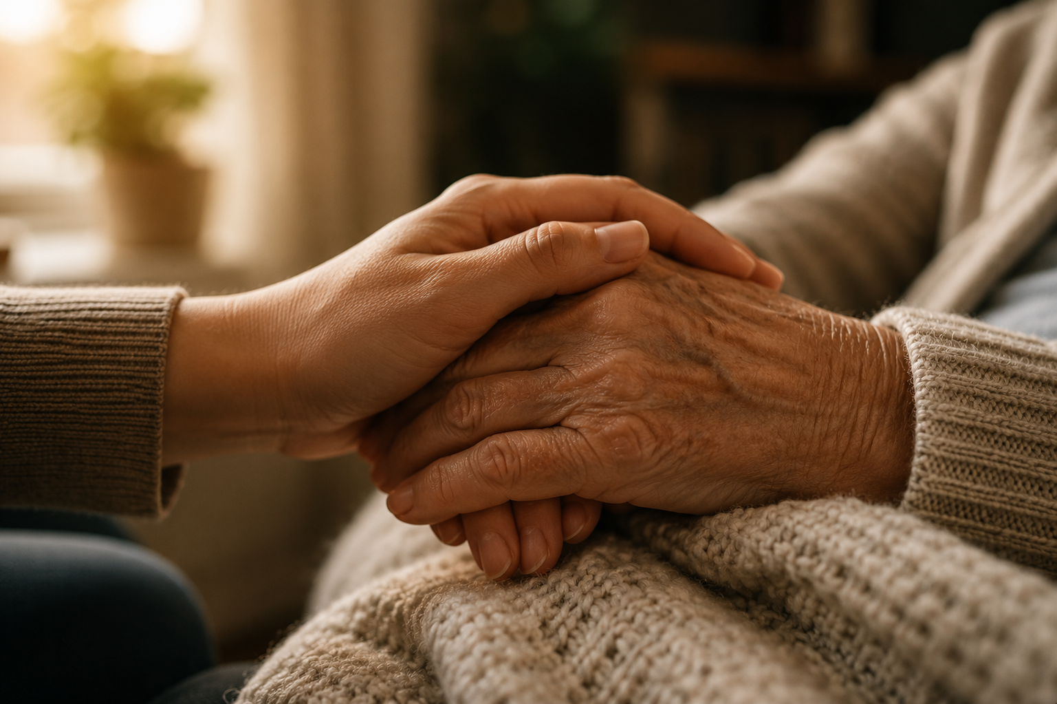 A caring hand holding an older adult's hand